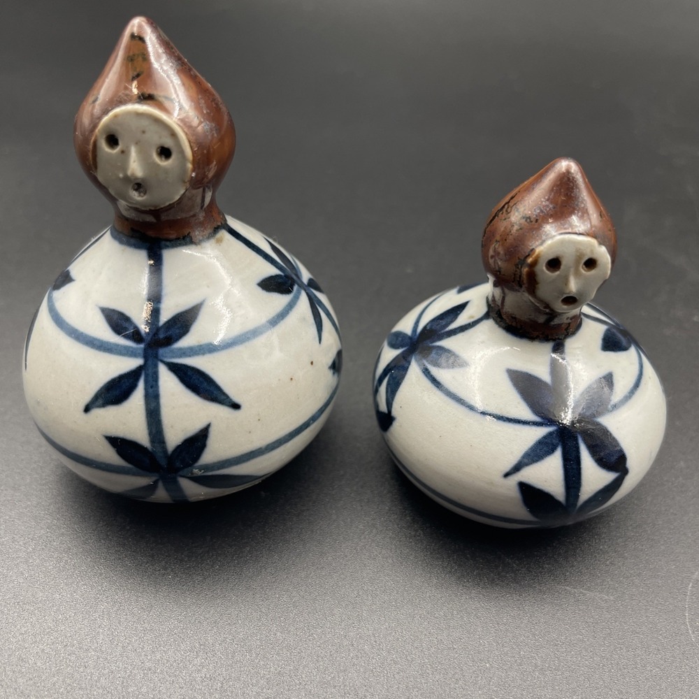 Vintage Japan Blue Grey Porcelain Figural Salt Pepp Shakers Noh Kodama Face READ